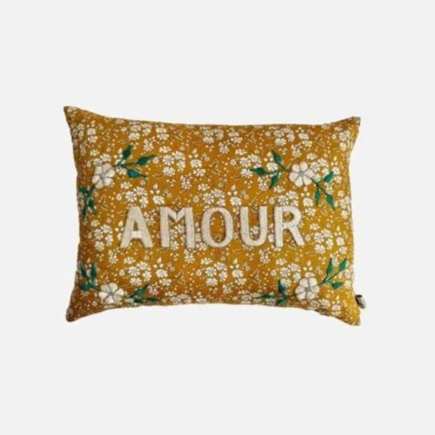 Amour Yellow Floral French Embroidered Lumbar Pillow