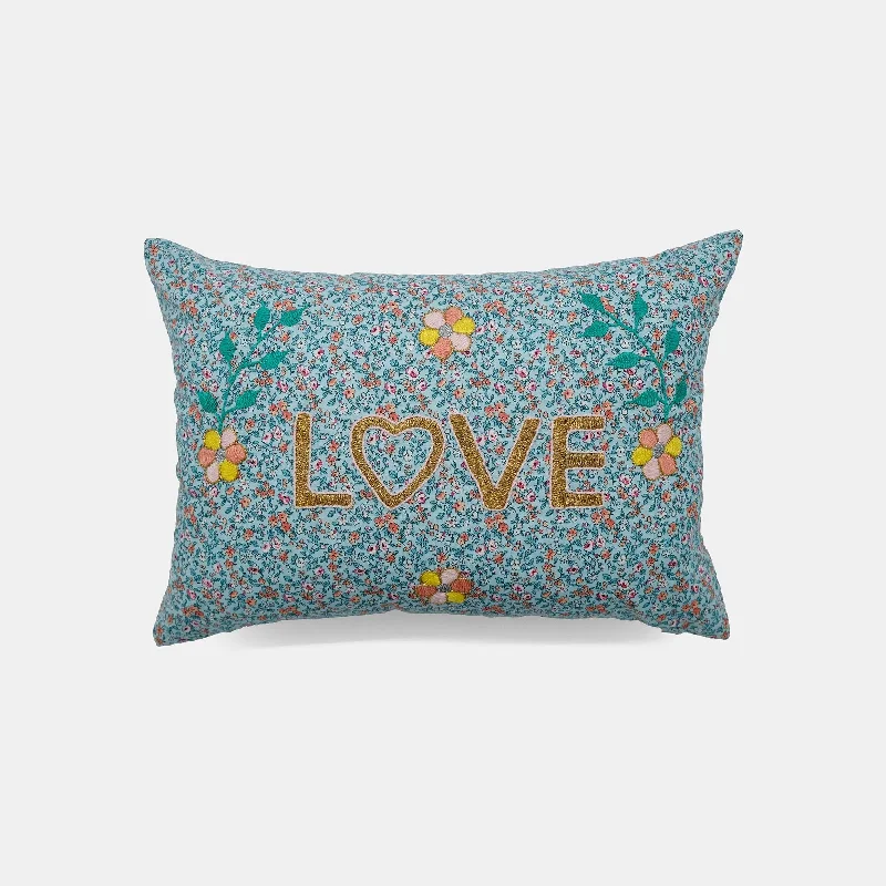 Love Teal Floral French Embroidered Lumbar Pillow