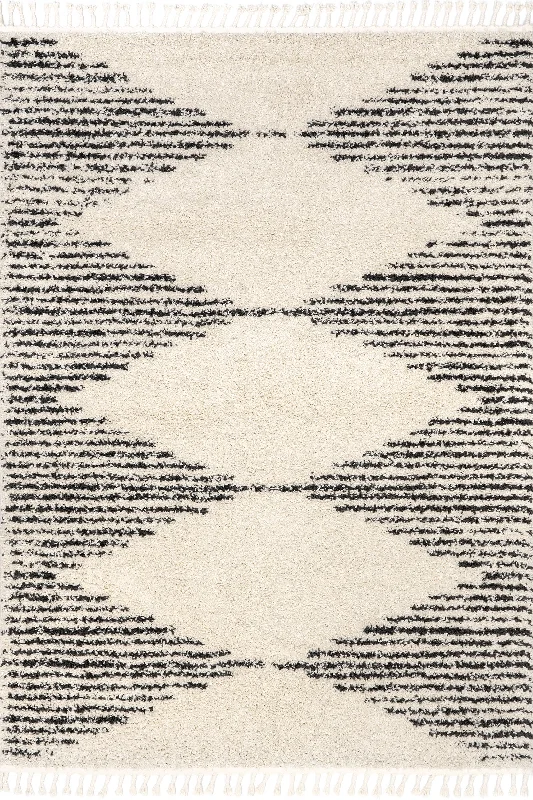 Moroccan Diamond Pinstripes Tassel Rug | Off White