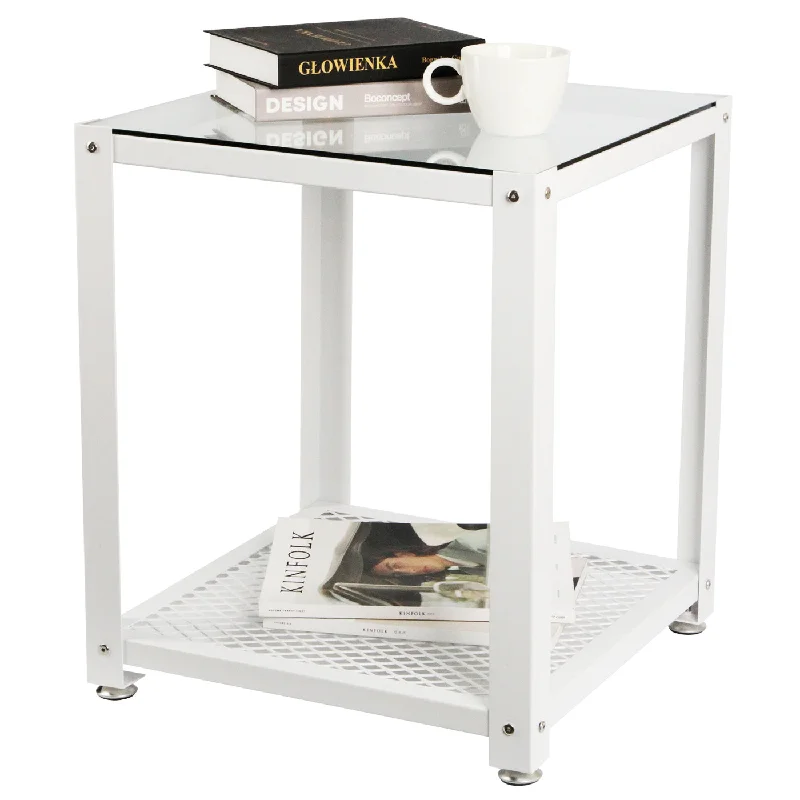 2 Tier Glass White Square End Side Table