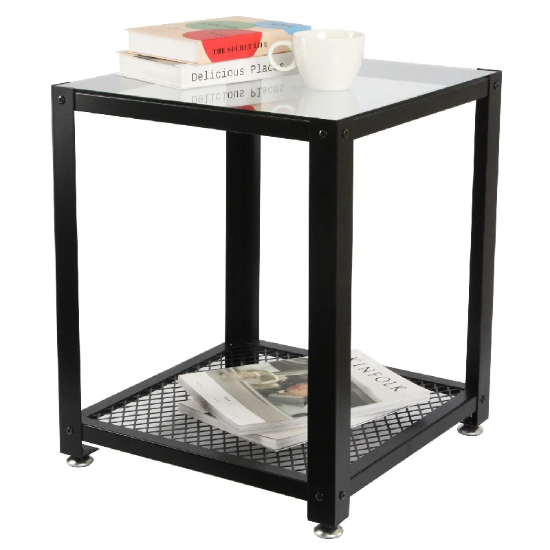 2 Tier Glass Black Square End Side Table