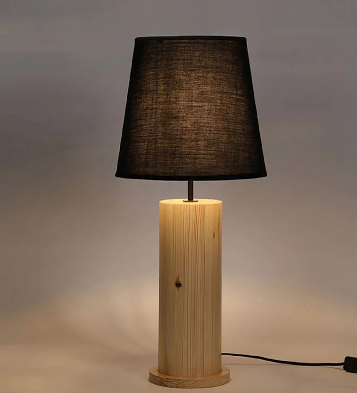 Cedar Brown Wooden Table Lamp with Yellow Printed Fabric Lampshade (BULB NOT INCLUDED)