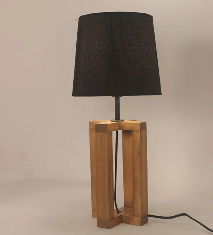 Criss Cross Brown Wooden Table Lamp with Yellow Printed Fabric Lampshade (BULB NOT INCLUDED)