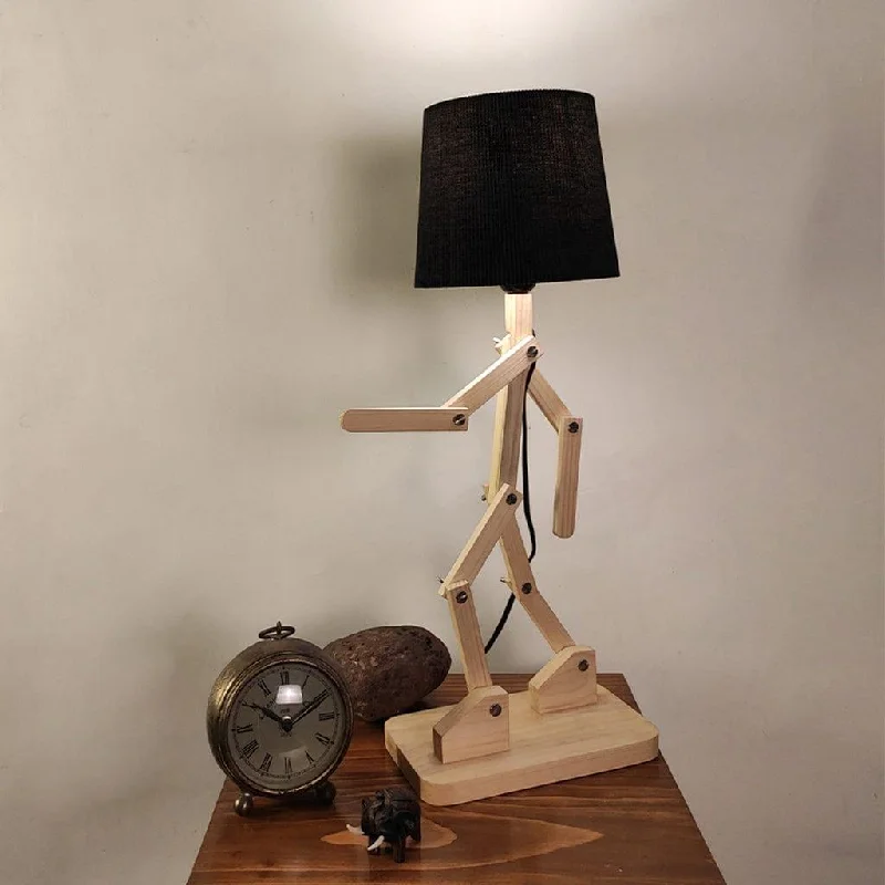 Moonwalker Beige Wooden Table Lamp with Black Fabric Lampshade (BULB NOT INCLUDED)