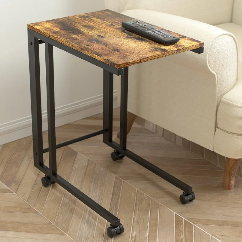 Rustic Wood C Shaped Side Table with Rolling Casters