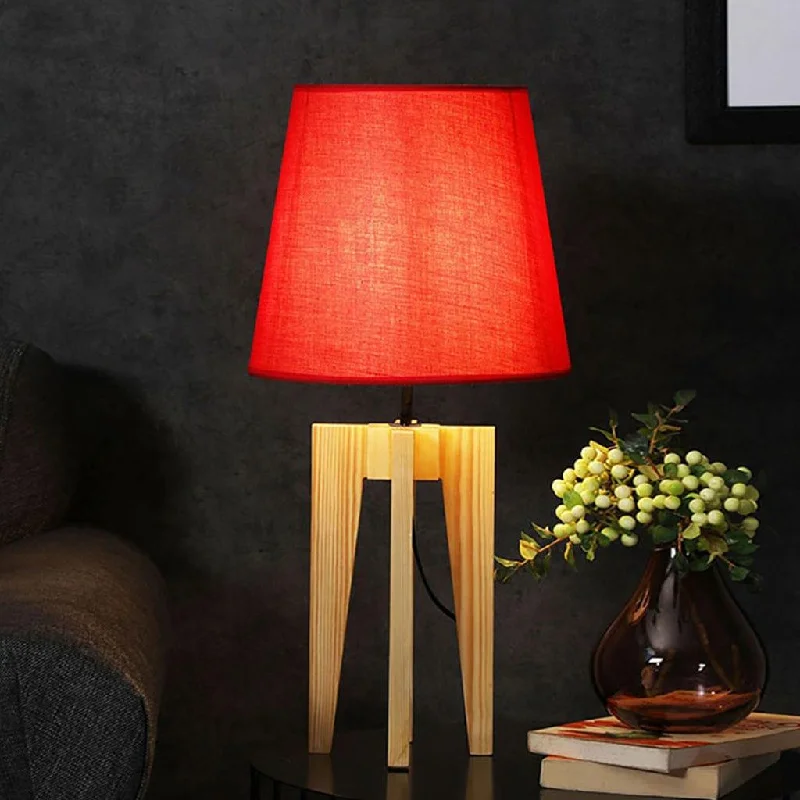 Stella Beige Wooden Table Lamp with Red Printed Fabric Lampshade