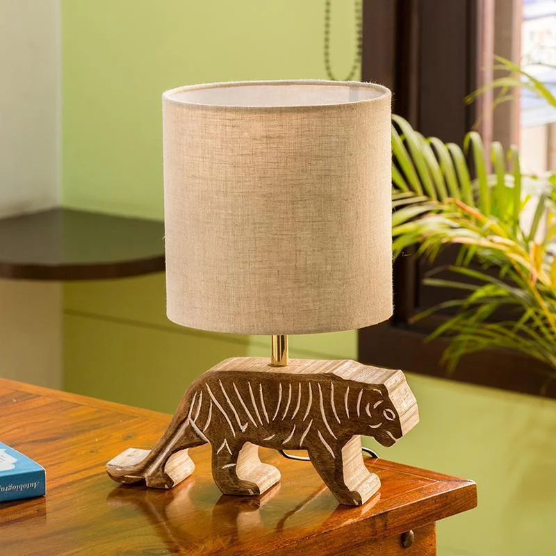 'Tiger Panthera'' Handcarved Table Lamp In Mango Wood