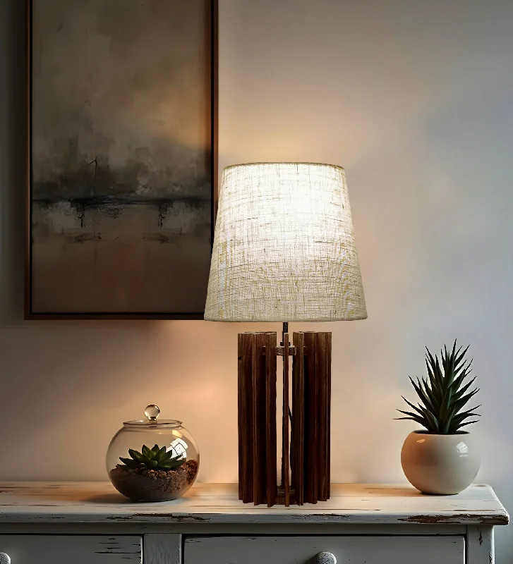 Ventus Brown Wooden Table Lamp with Yellow Printed Fabric Lampshade (BULB NOT INCLUDED)