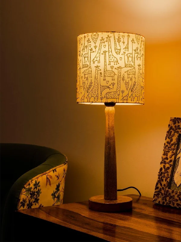 Wooden Brown Table Lamp with Animal Print Shade