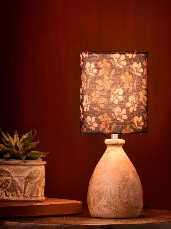 Wooden Dome Table Lamp Black Floral Shade