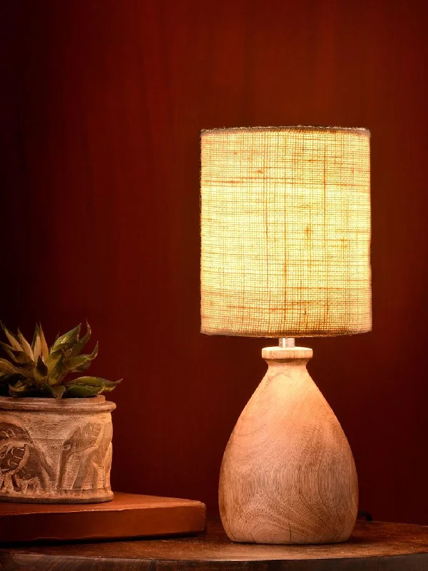 Wooden Dome Table Lamp with Jute White Shade