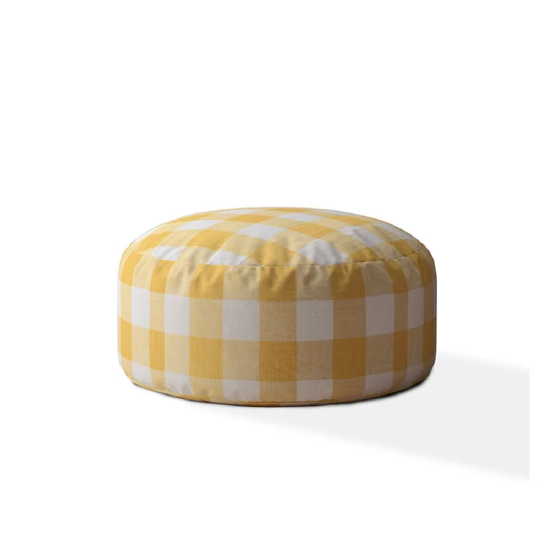 24" Yellow And White Canvas Round Gingham Pouf Cover