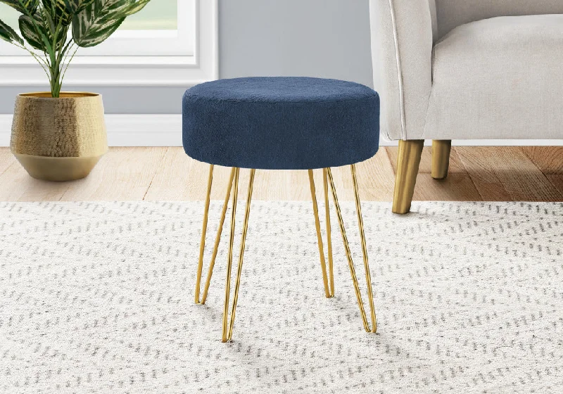 14" Blue Velvet And Gold Round Ottoman