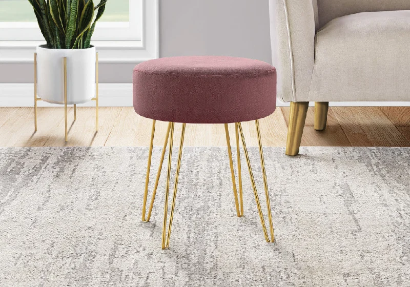 14" Plum Velvet And Gold Round Ottoman