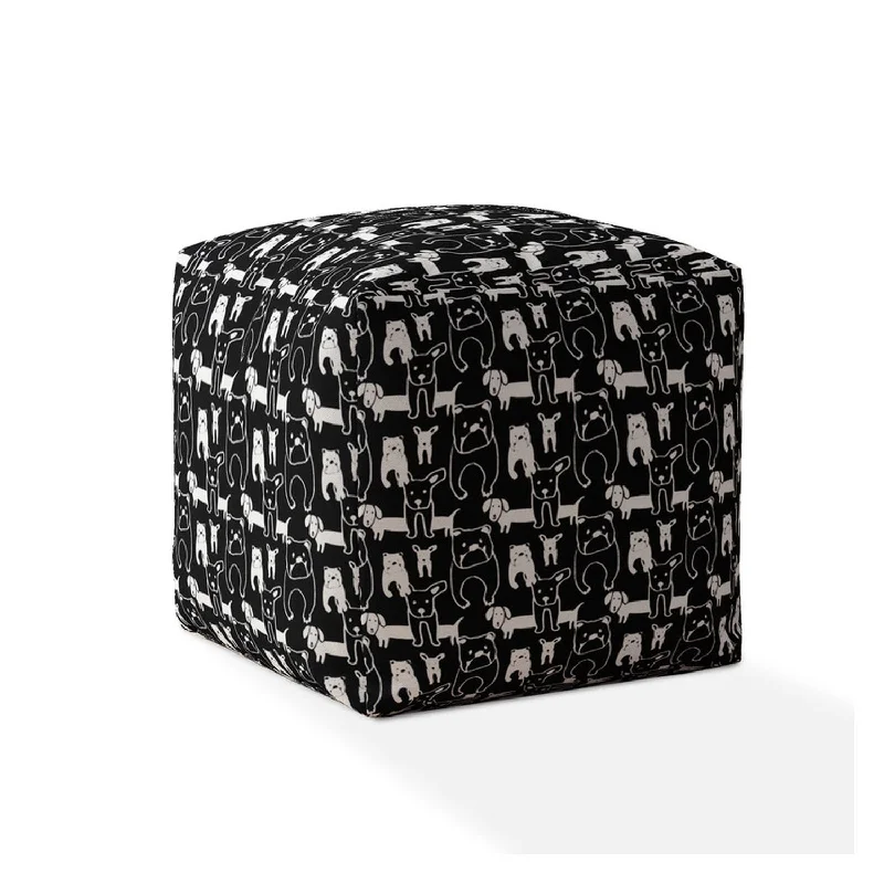 17" Black Cotton Animal Print Pouf Ottoman