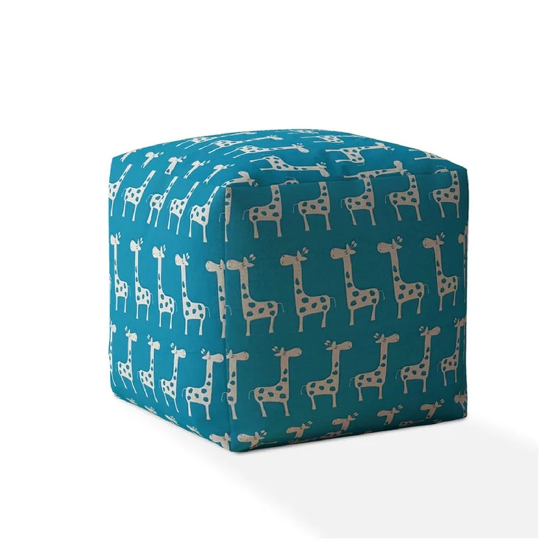 17" Blue and White Cotton Giraffe Pouf Ottoman