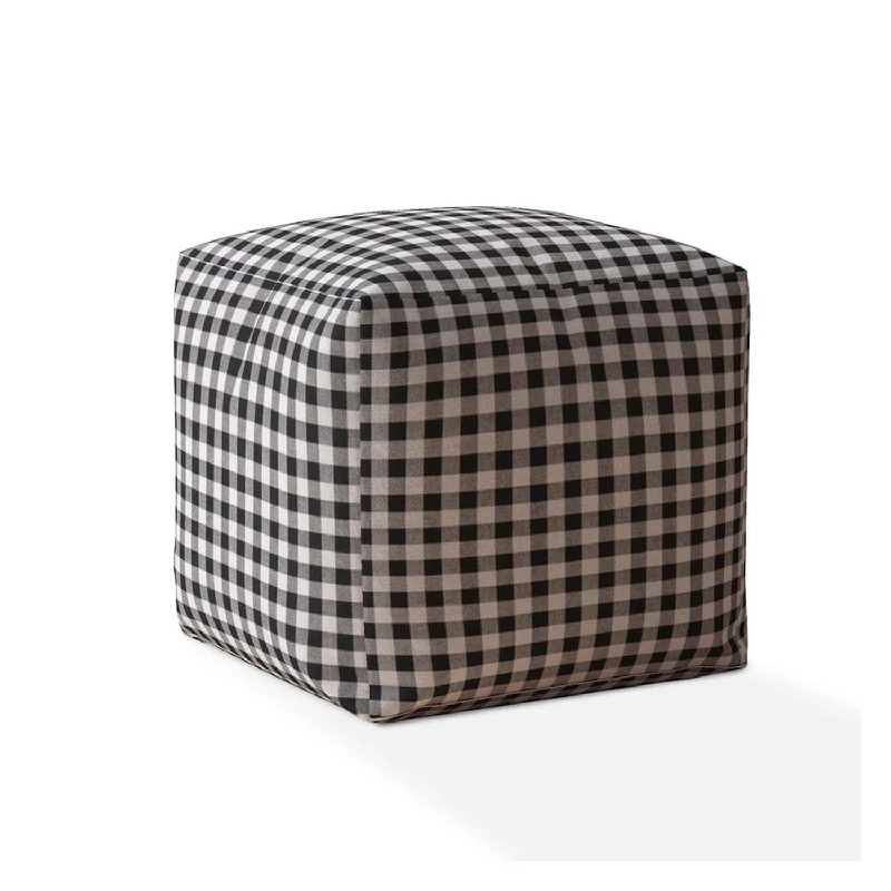 17" Gray and Black Cotton Gingham Pouf Ottoman