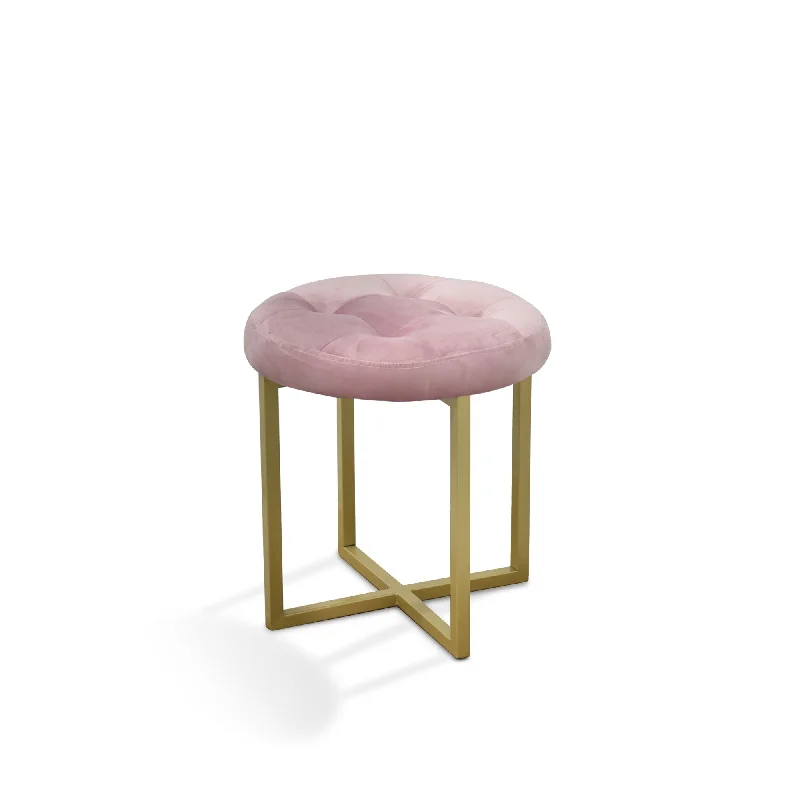 17" Pink Tufted Velvet and Gold Stool