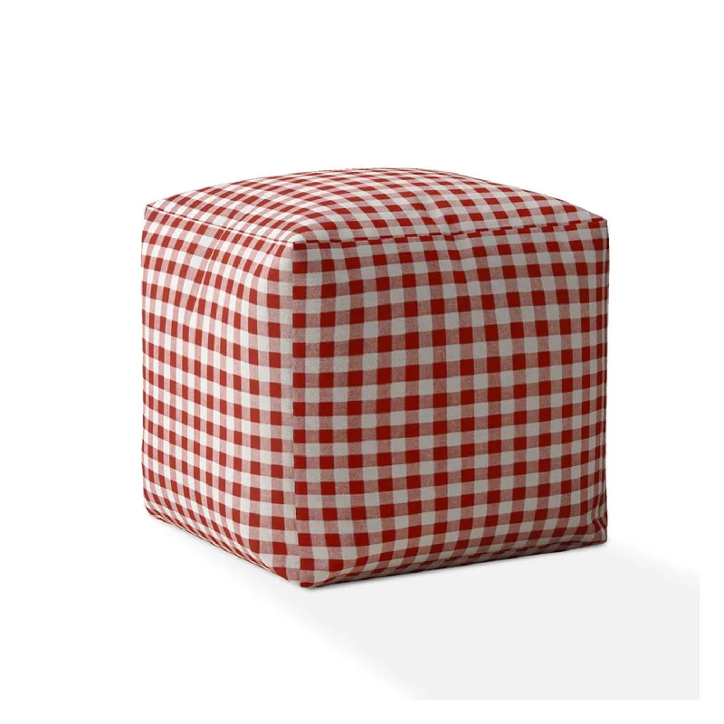 17" Red and White Cotton Gingham Pouf Ottoman