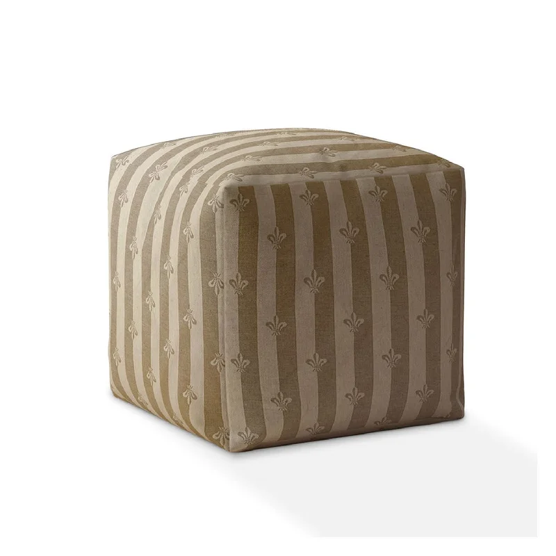 17" Taupe Cotton Floral Pouf Ottoman