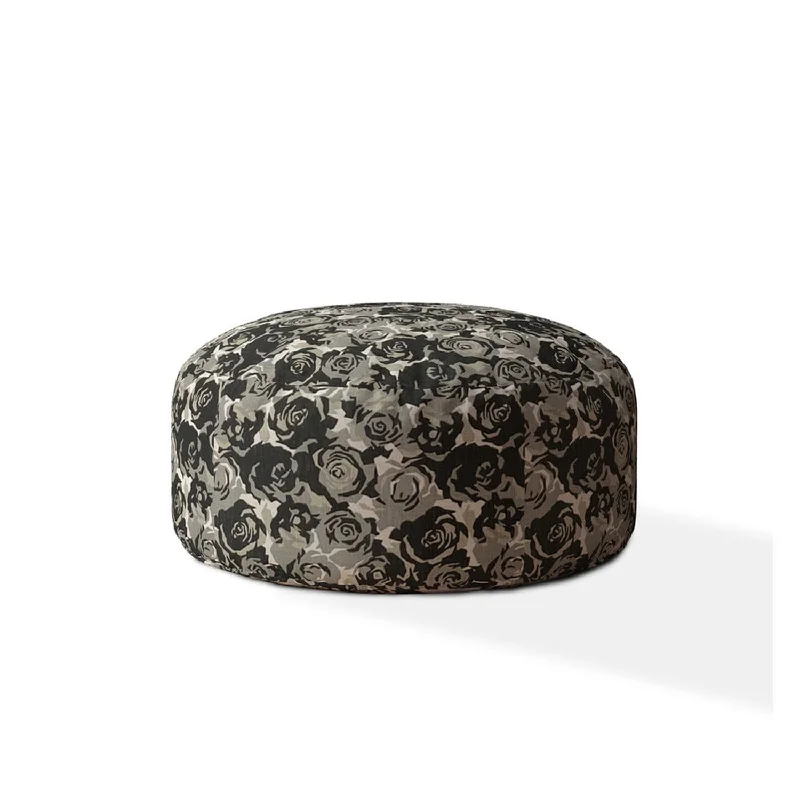 24" Beige Canvas Round Floral Pouf Cover