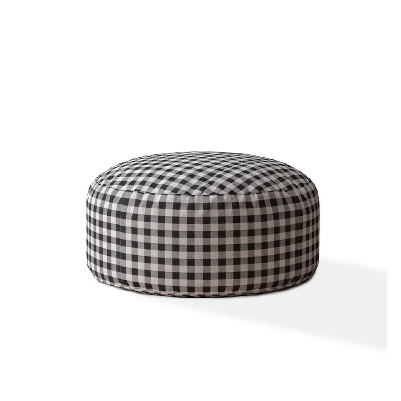 24" Gray and Black Cotton Round Gingham Pouf Ottoman