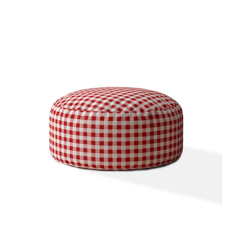 24" Red and White Cotton Round Gingham Pouf Ottoman