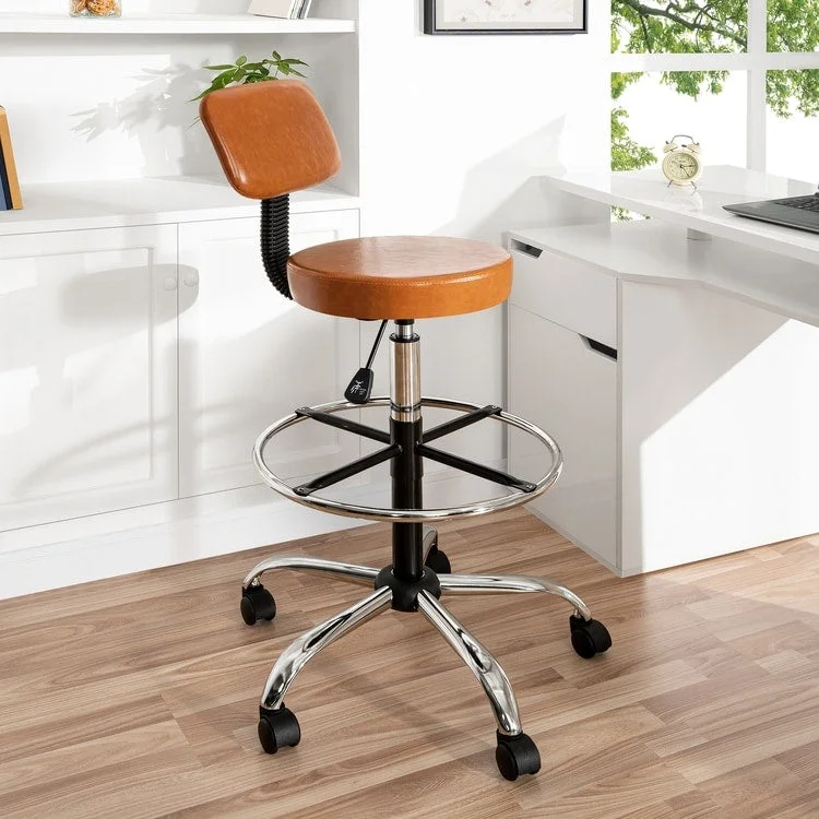 Adjustable Height Drafting Stool with Wheels and Backrest, Space-Saving Faux Leather Rolling Stool