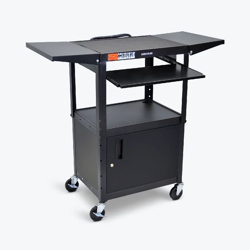 Adjustable-Height Steel Audio Visual Cart - Pullout Keyboard Tray, Cabinet, Drop Leaf