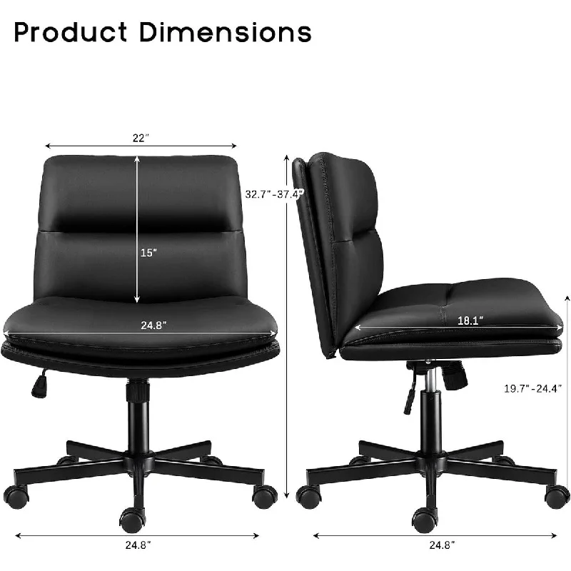 Bossin Criss Cross Chair with Wheels,PU Leather Armless Cross Legged Office,Adjustable Wide Seat Computer Task Vanity Chair