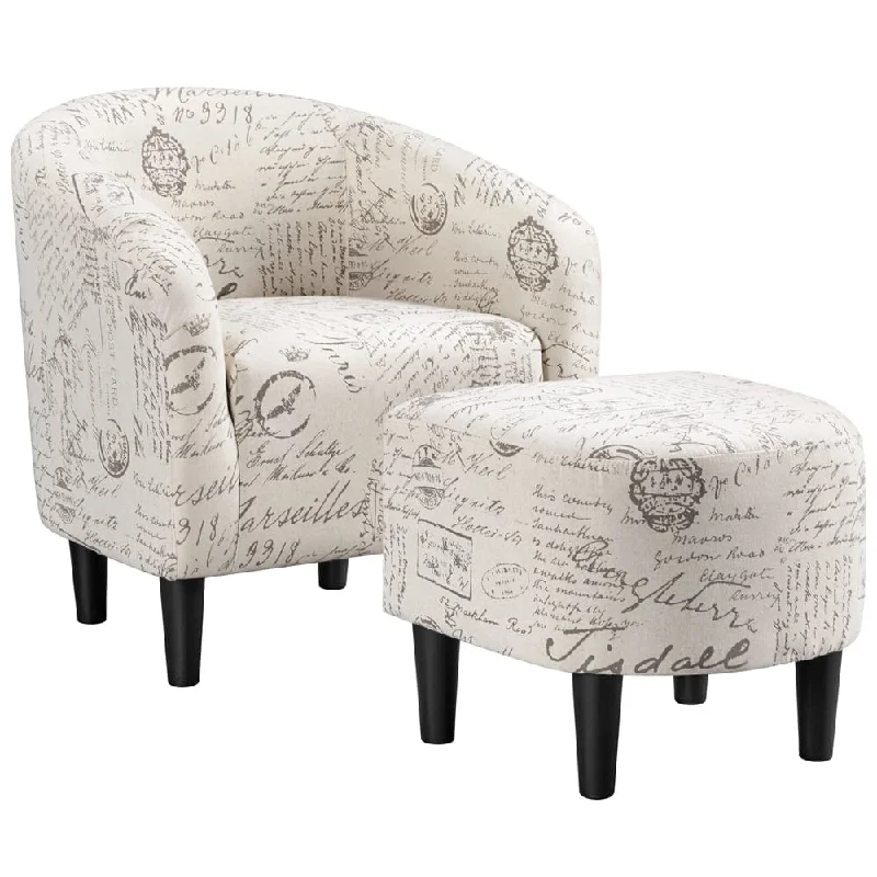 Contemporary Upholstered Club Accent Chair with Ottoman, Letter Print