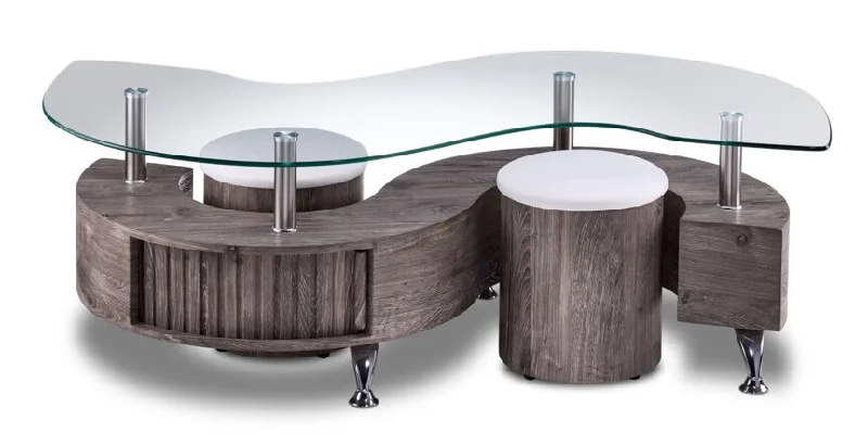 Serpentine Coffee Table with Two Ottomans - Light Grey